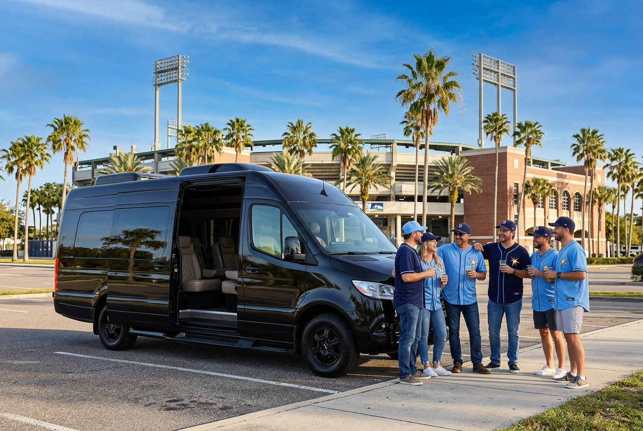 Baseball fans gathered by the black Sprinter limo at the ballpark